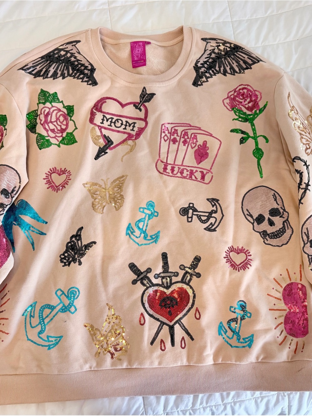 QUEEN OF SPARKLES Pink Embroidered Graphic Sweatshirt with Multicolor Motifs